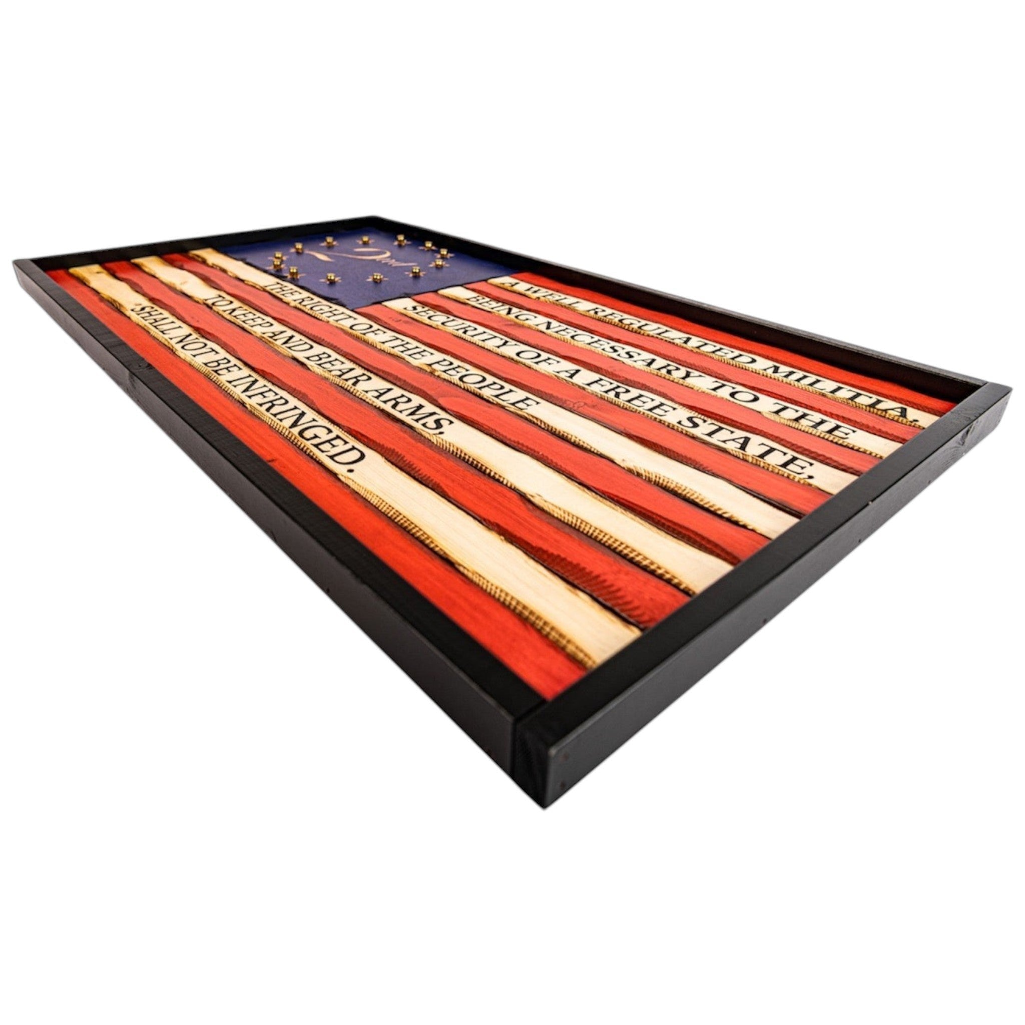 Breacher Rustics battle-worn carved wood American flag with 2nd Amendment text and 9mm casings in stars. second amendment wood flag man cave decor battle worn american flag patriotic gift for gun owners usa made