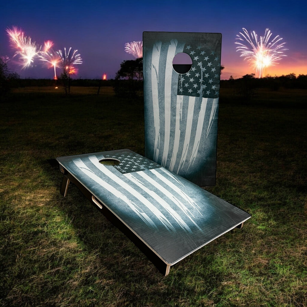tailgate cornhole set grey american flag design outdoor bean bag toss game for sports and backyard gatherings