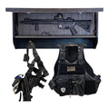 Breacher Rustics Texas Flag concealment gear rack with rifle, tactical vest, and holster. RFID lock included. concealment american flag gear rack wall cabinet hidden storage shelf for tactical gear and firearms rustic wood display