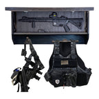 Breacher Rustics Texas Flag concealment gear rack with rifle, tactical vest, and holster. RFID lock included. concealment american flag gear rack wall cabinet hidden storage shelf for tactical gear and firearms rustic wood display
