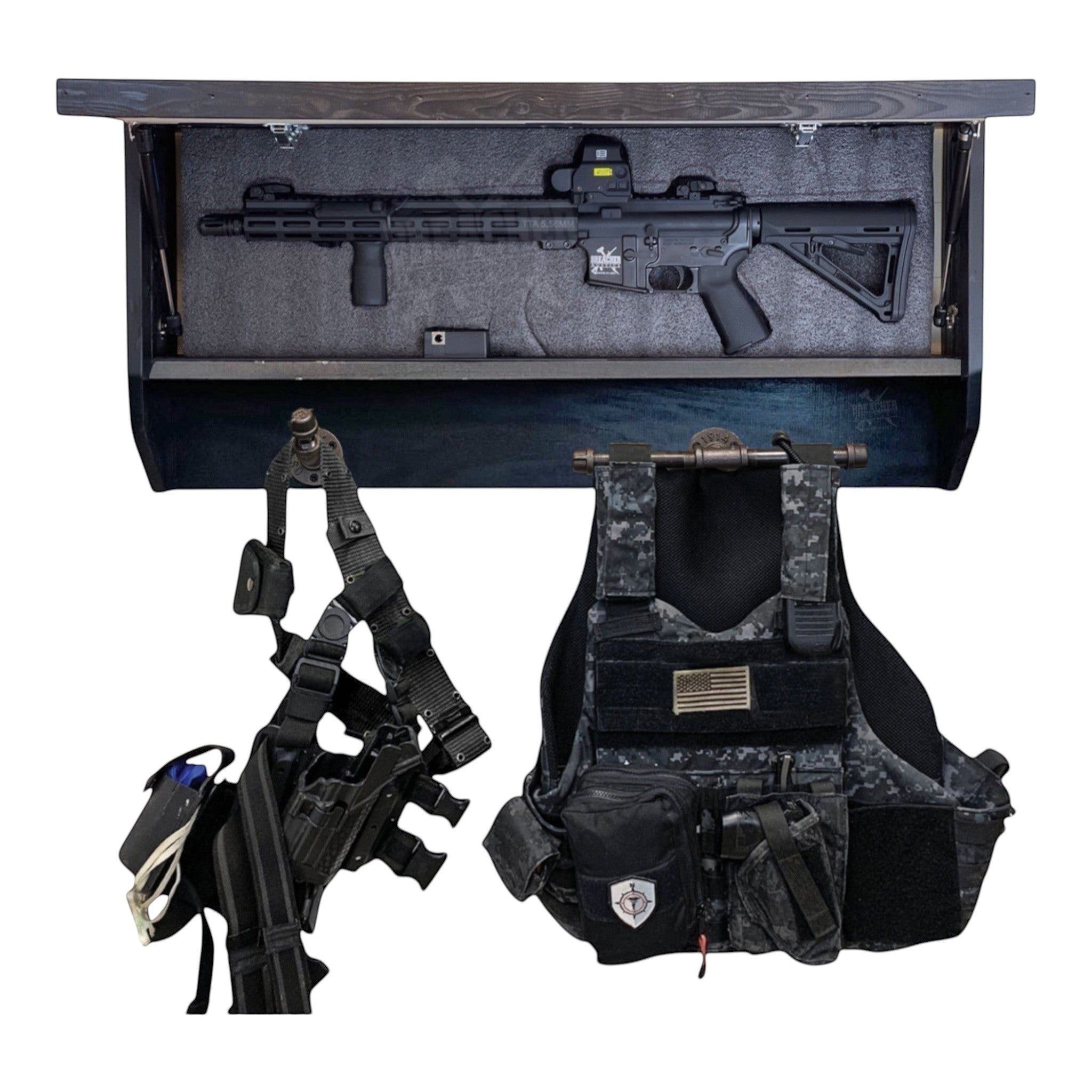 Breacher Rustics Texas Flag concealment gear rack with rifle, tactical vest, and holster. RFID lock included. concealment american flag gear rack wall cabinet hidden storage shelf for tactical gear and firearms rustic wood display