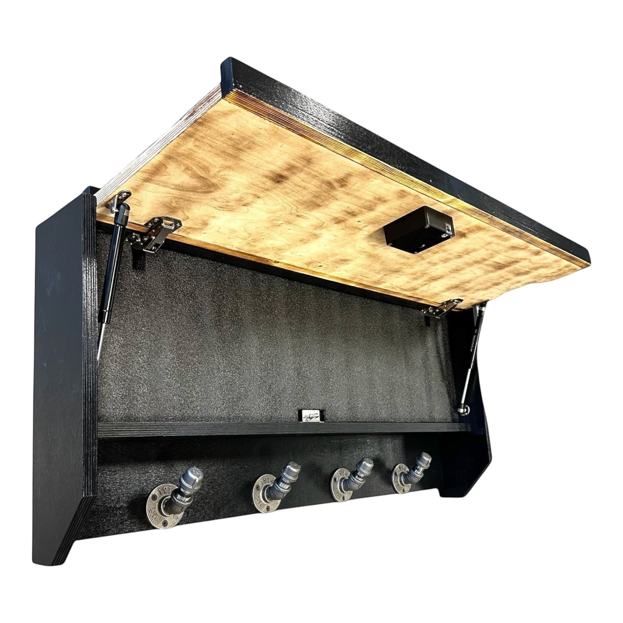Breacher Rustics Texas flag concealment gear rack with RFID lock and 4 industrial pipe hooks. Black wood. american flag concealment gear rack wooden wall mounted storage cabinet for firearms keys and gear patriotic home decor