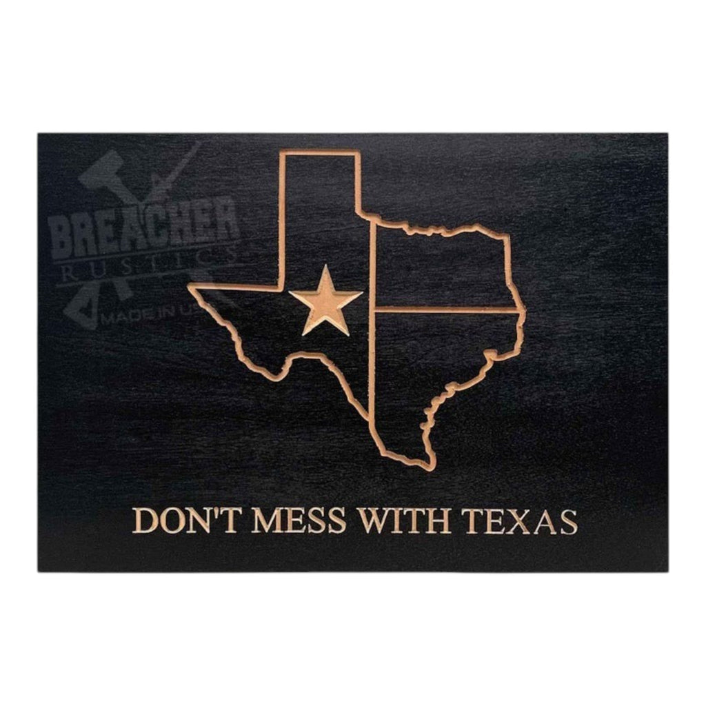 Breacher Rustics Don't Mess With Texas concealment box with carved outline and star, black wood finish. RFID gun concealment box texas wood safe hidden storage locking box custom foam interior secure patriotic display