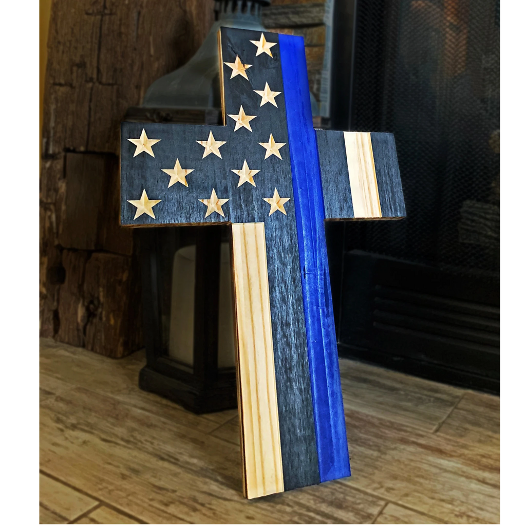 Breacher Rustics Thin Blue Line wooden cross with carved stars and stripes, 15"x10.5", ready to hang. thin blue line flag cross patriotic wood carved american flag design christian wall decor police tribute