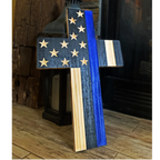 Breacher Rustics Thin Blue Line wooden cross with carved stars and stripes, 15"x10.5", ready to hang. thin blue line flag cross patriotic wood carved american flag design christian wall decor police tribute