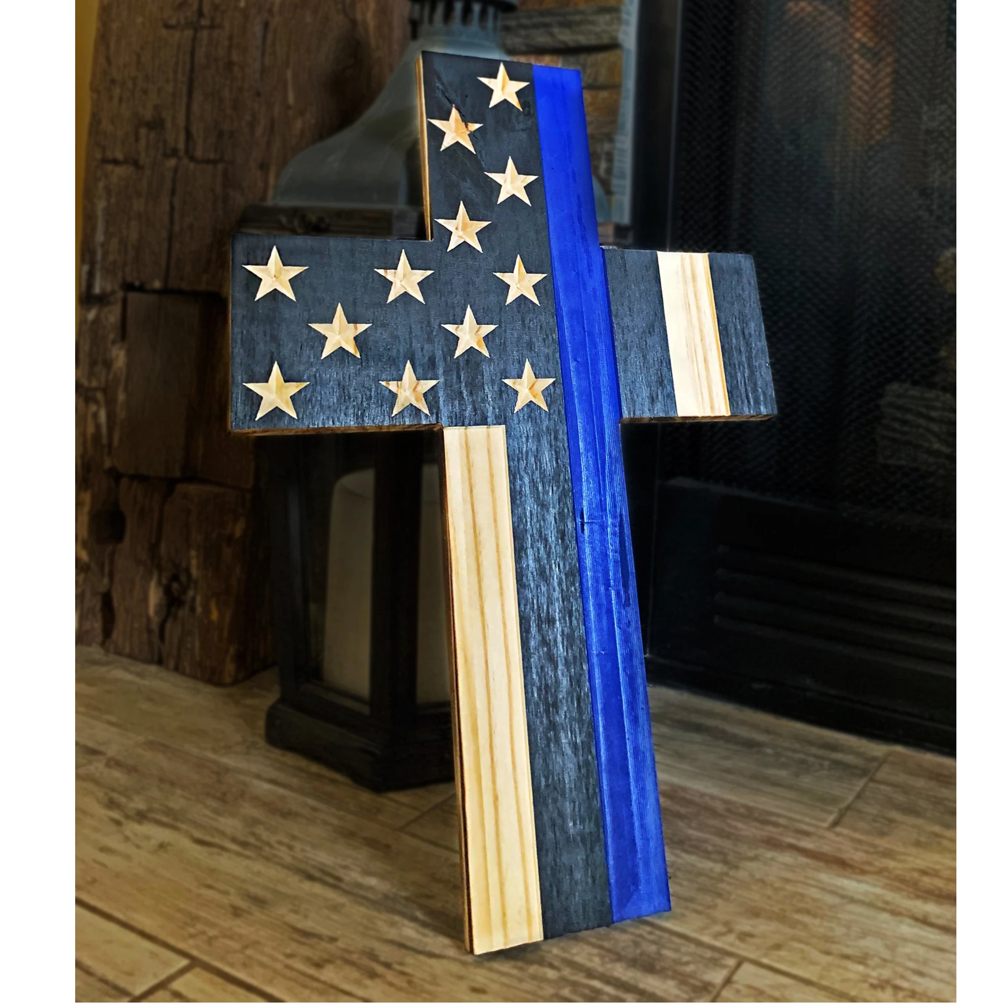 Breacher Rustics Thin Blue Line wooden cross with carved stars and stripes, 15"x10.5", ready to hang. thin blue line flag cross patriotic wood carved american flag design christian wall decor police tribute
