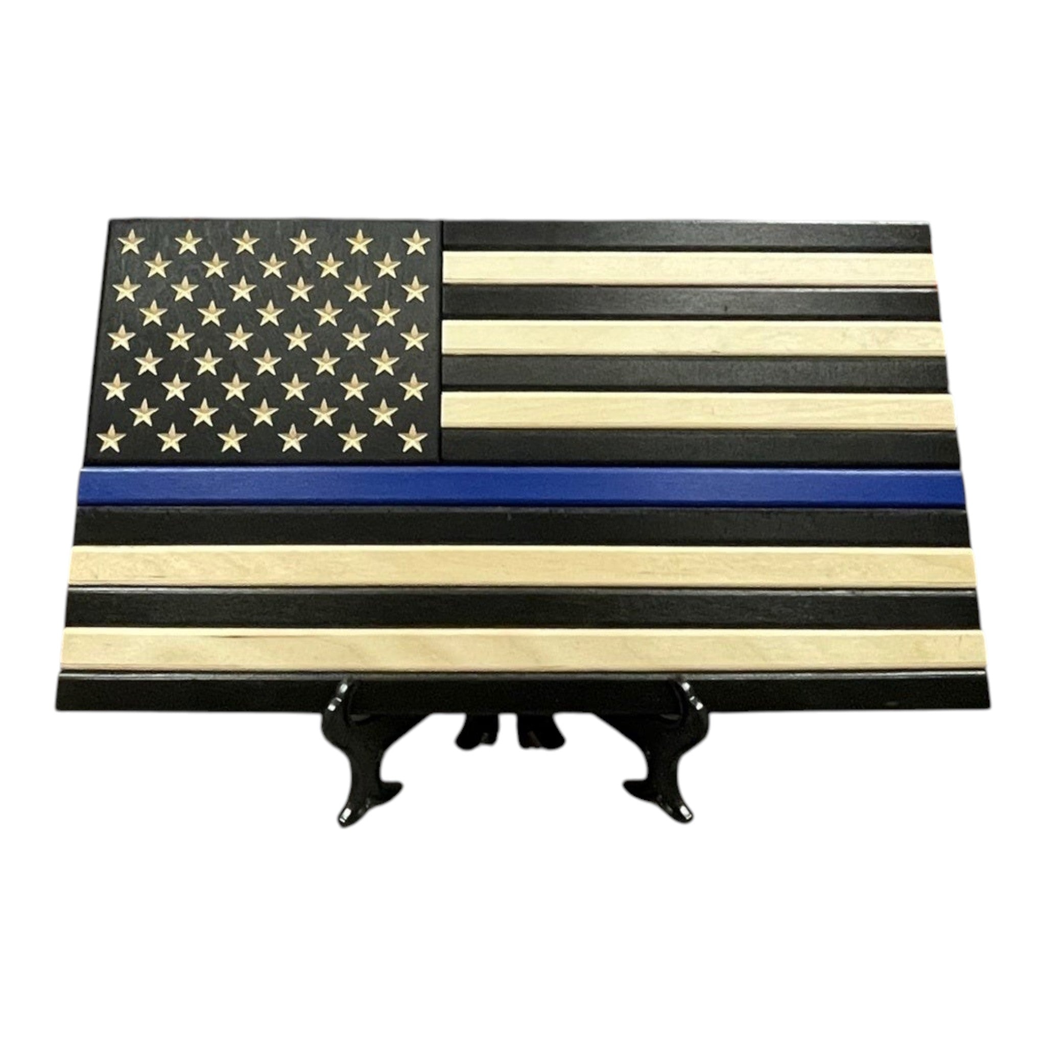 Breacher Rustics Thin Blue Line desktop wood flag with black and natural wood stripes and a blue stripe. thin blue line desktop wood flag handmade law enforcement desk display patriotic police tribute usa made wooden flag decor
