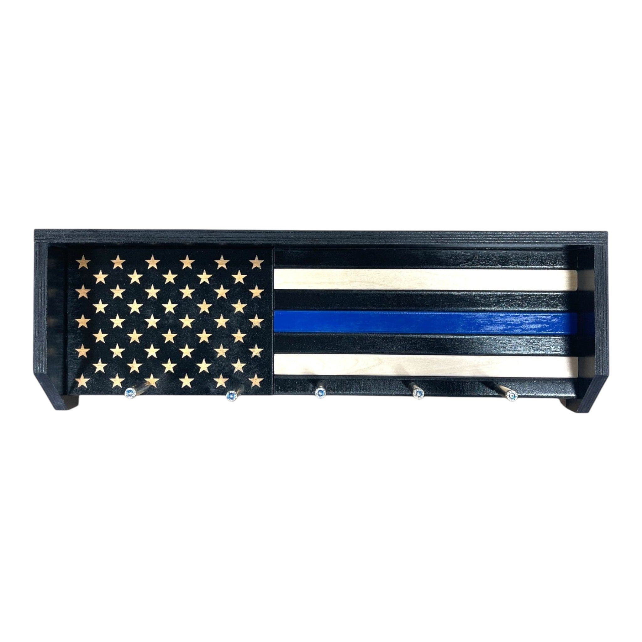 Breacher Rustics Thin Blue Line American flag wooden key rack with 4 black hooks. Perfect for law enforcement. thin blue line first responder key rack wall hanger wooden flag style organizer for law enforcement gear and keys