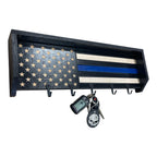 Breacher Rustics Thin Blue Line Flag key rack with black hooks, made of wood. Perfect for law enforcement. thin blue line key rack gift for police officers wooden american flag wall key holder first responder decor