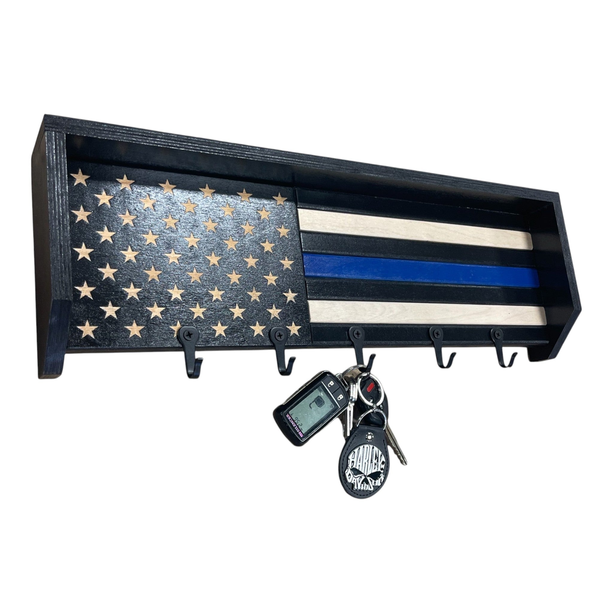 Breacher Rustics Thin Blue Line Flag key rack with black hooks, made of wood. Perfect for law enforcement. thin blue line key rack gift for police officers wooden american flag wall key holder first responder decor
