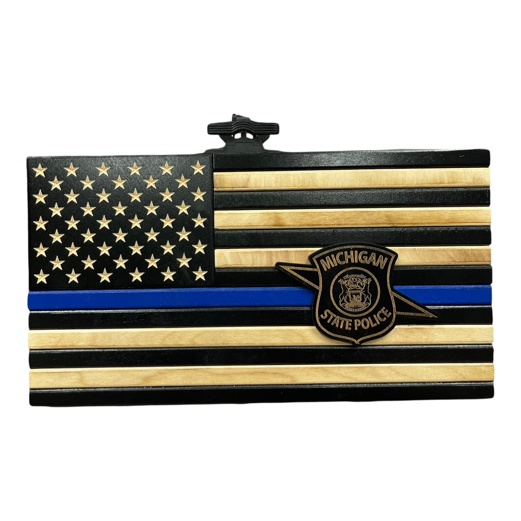 Breacher Rustics Thin Blue Line wooden flag with custom logo patch or badge. Black, natural wood, and blue stripes. thin blue line police desk flag wood display law enforcement gift handmade patriotic office decor for officers and retirees