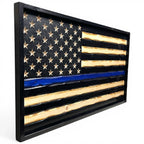 Breacher Rustics Thin Blue Line wooden flag with carved stars and a blue stripe, black frame. police thin blue line wood flag wall art wooden american flag law enforcement tribute decor patriotic handmade usa made
