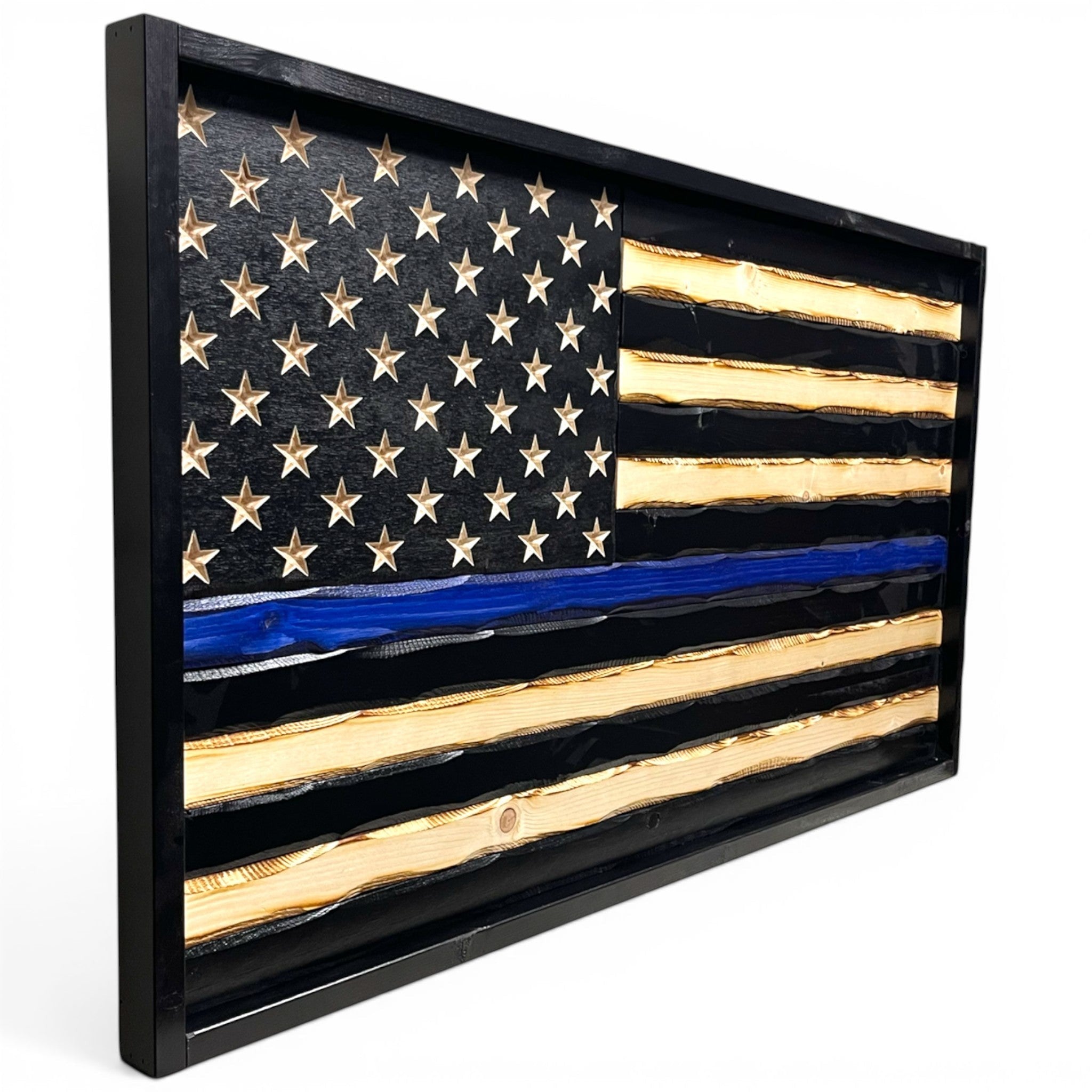 Breacher Rustics Thin Blue Line wooden flag with carved stars and a blue stripe, black frame. police thin blue line wood flag wall art wooden american flag law enforcement tribute decor patriotic handmade usa made