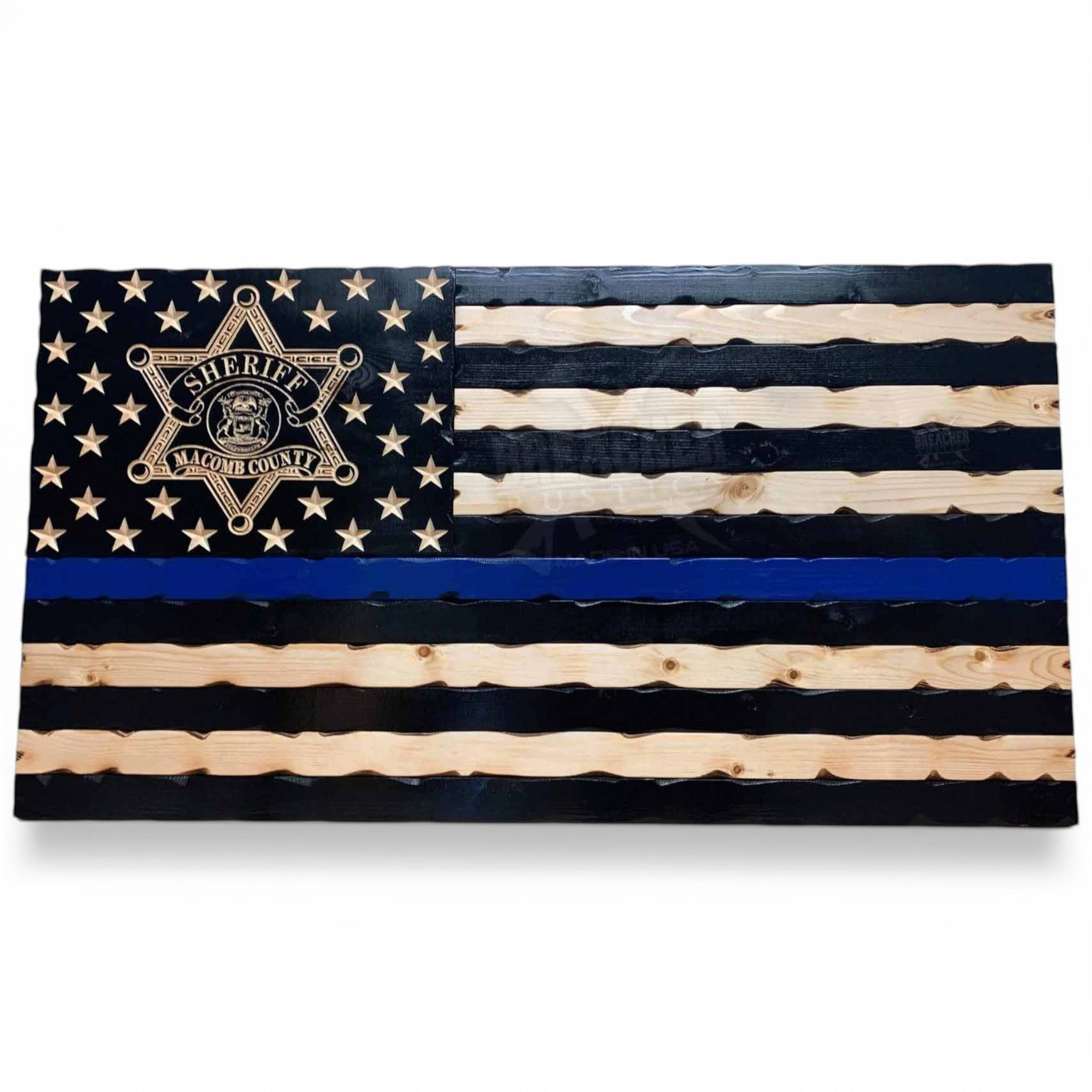 Breacher Rustics wooden American flag with a thin blue line and Macomb County Sheriff badge. thin blue line police flag memorial gift wooden american flag tribute for law enforcement officers patriotic wall art retirement sheriff police officer