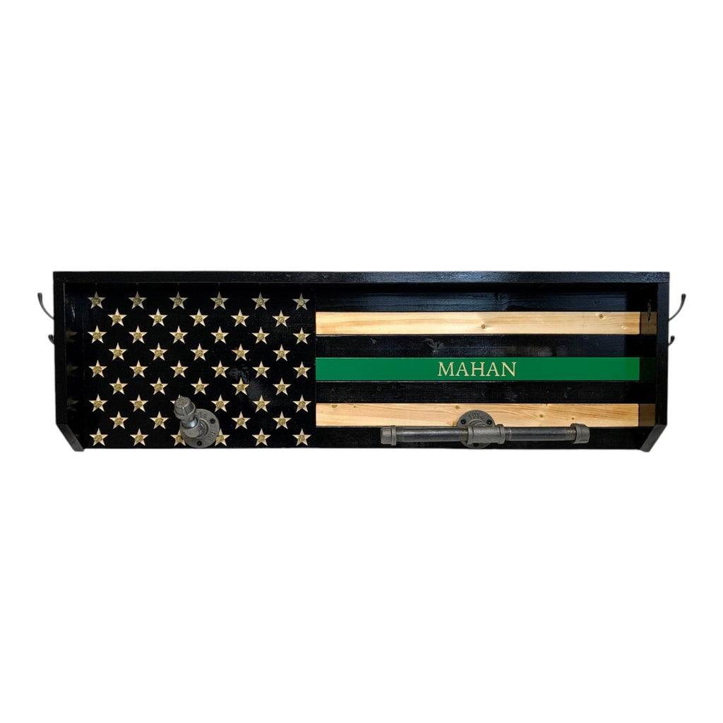 Breacher Rustics Thin Green Line American flag wooden gear rack with "MAHAN" personalization, hooks, and pipe accents. thin green line police gear rack wooden wall mounted duty belt vest holder law enforcement organizer usa made veteran border patrol conservation officer federal agent