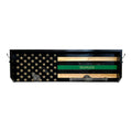Breacher Rustics Thin Green Line American flag wooden gear rack with "MAHAN" personalization, hooks, and pipe accents. thin green line police gear rack wooden wall mounted duty belt vest holder law enforcement organizer usa made veteran border patrol conservation officer federal agent