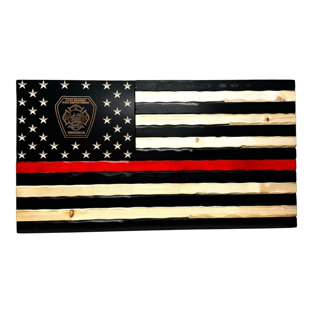 Handmade Thin Red Line Wooden American Flag honoring firefighters and first responders. Perfect patriotic wall art and meaningful firefighter gift. Made in the USA.