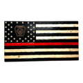 Handmade Thin Red Line Wooden American Flag honoring firefighters and first responders. Perfect patriotic wall art and meaningful firefighter gift. Made in the USA.