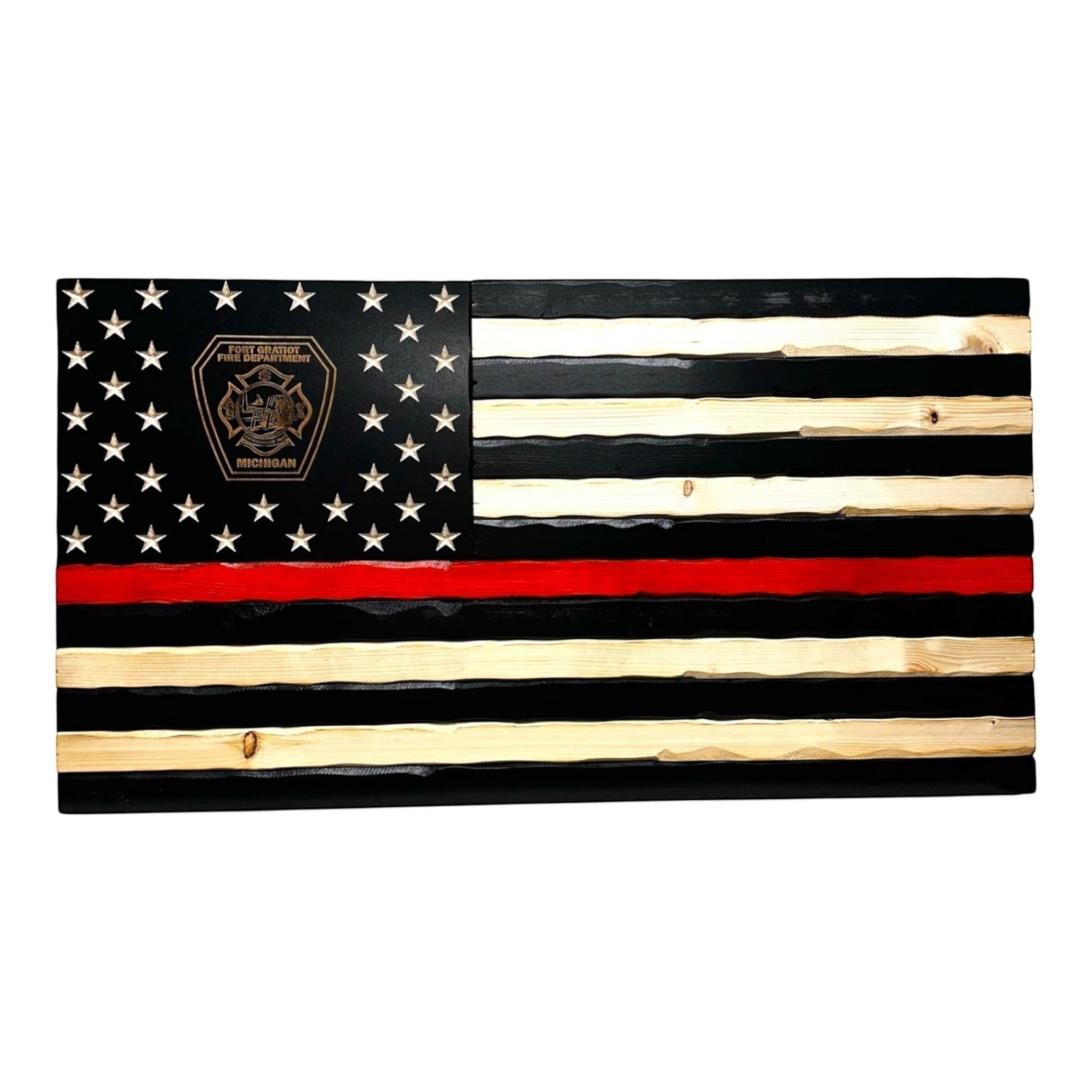 Handmade Thin Red Line Wooden American Flag honoring firefighters and first responders. Perfect patriotic wall art and meaningful firefighter gift. Made in the USA.