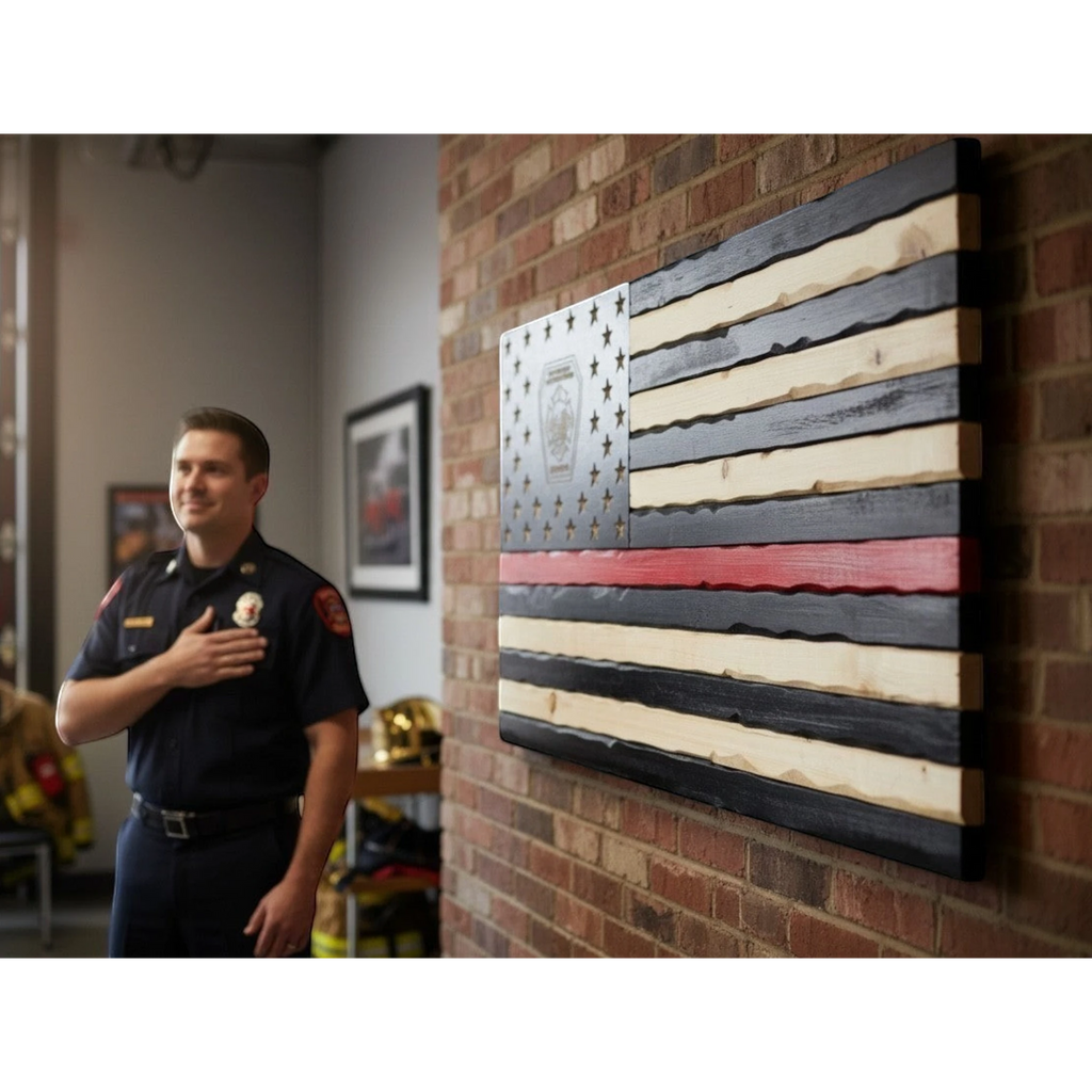patriotic wooden american flag with thin red line handmade usa firefighter tribute