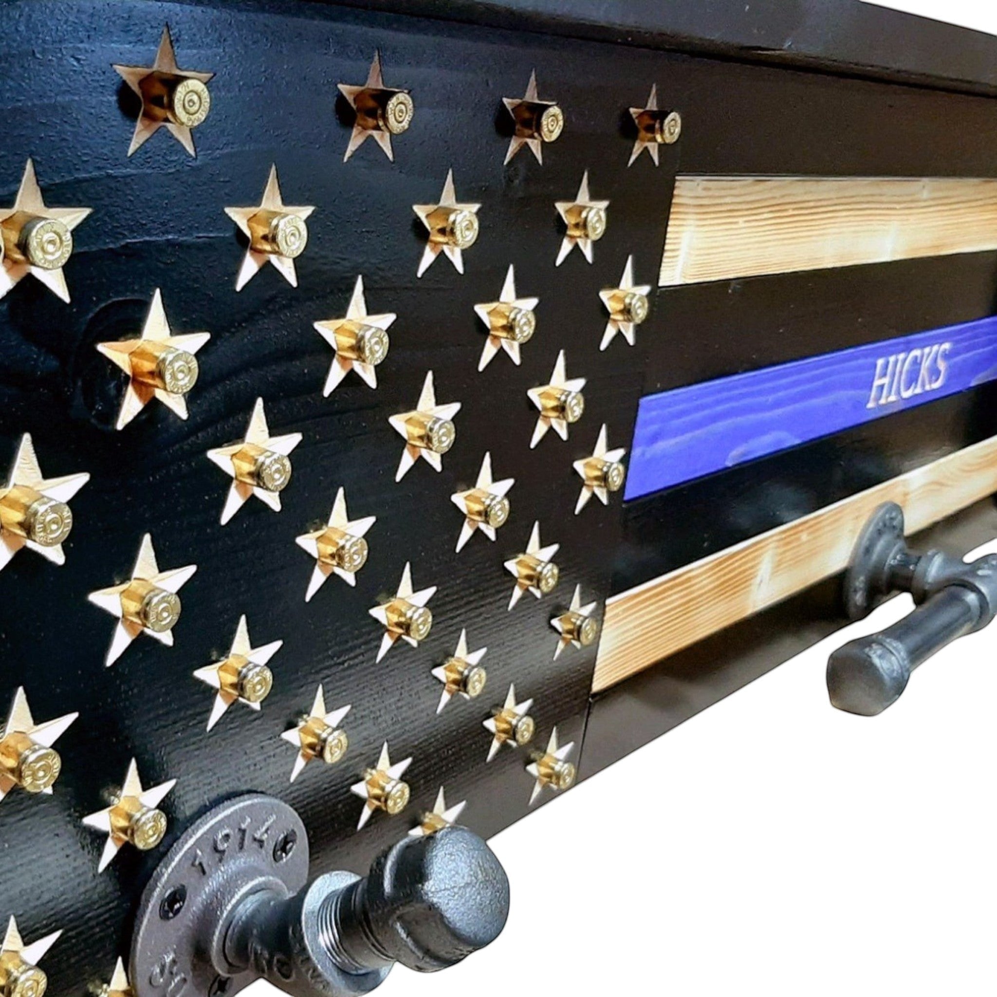Breacher Rustics Thin Silver Line correctional officer gear rack, black wood with brass bullet stars and blue stripe. thin silver line corrections officer gear rack wooden wall mounted duty belt vest holder correctional officer tribute usa made police officer gift corrections officer gear rack coat rack