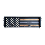Breacher Rustics Thin Silver Line American flag wooden gear rack with hooks and pipe bar, personalized with custom name. thin silver line flag gear rack wall mounted wooden correctional officer tribute organizer patriotic decor usa made corrections officer police officer sheriff gear rack