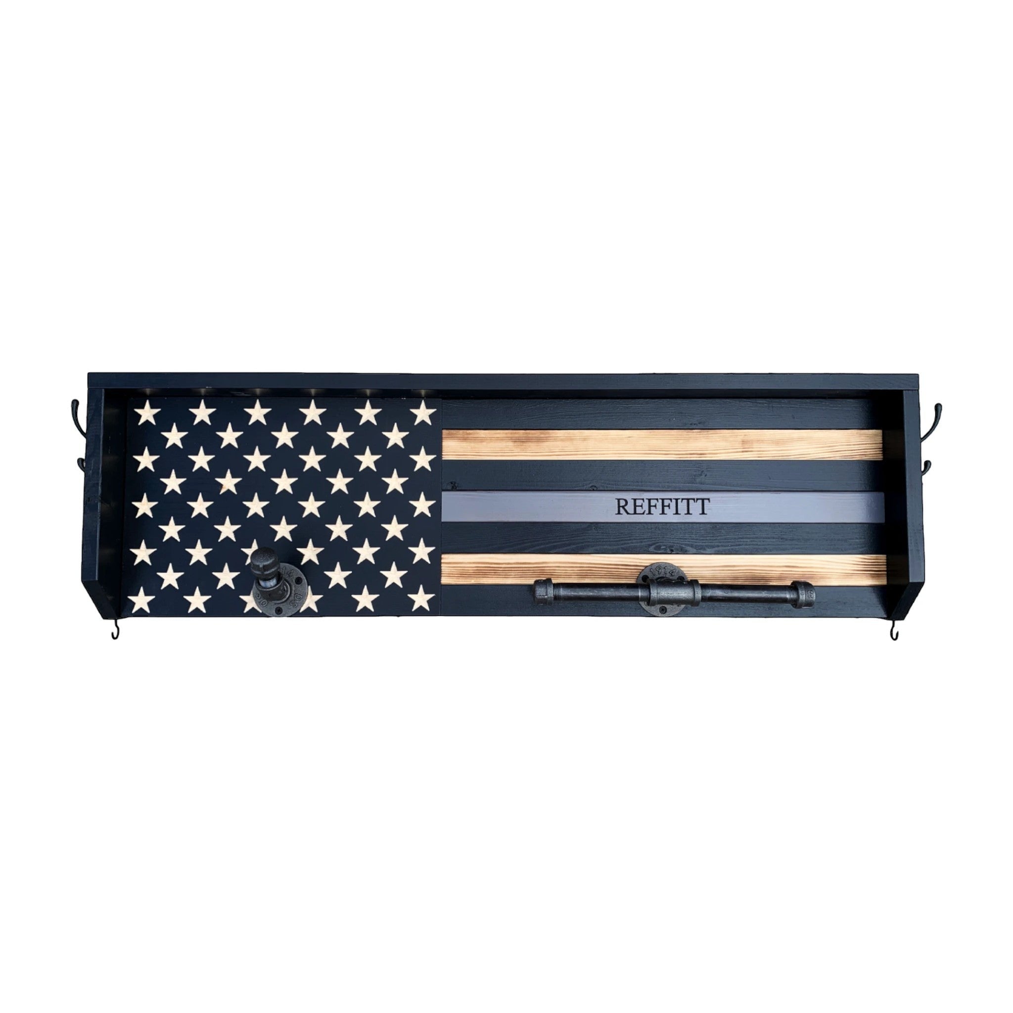 Breacher Rustics Thin Silver Line American flag wooden gear rack with hooks and pipe bar, personalized with custom name. thin silver line flag gear rack wall mounted wooden correctional officer tribute organizer patriotic decor usa made corrections officer police officer sheriff gear rack