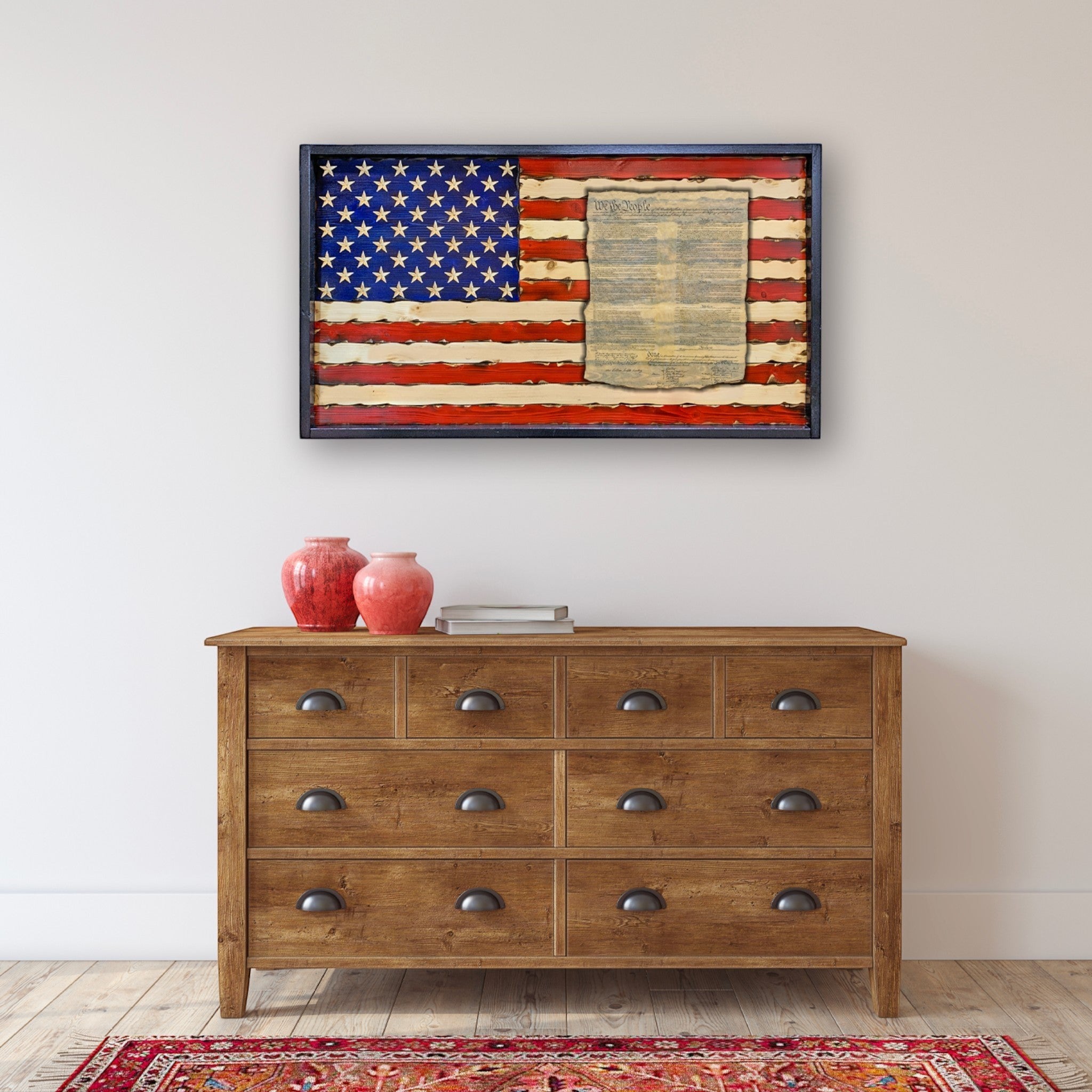 Breacher Rustics battle-worn carved wood US Constitution flag with black frame, featuring carved stars and embedded text. us constitution wooden american flag wall art carved patriotic decor founding fathers document engraved wood flag usa made