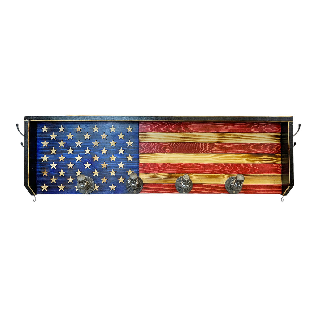 Breacher Rustics USA wooden flag coat rack with four metal pipe hooks. Features distressed red, white, and blue stripes and a field of stars. american flag wood gear rack wall mounted coat rack patriotic entryway organizer wooden usa made flag design