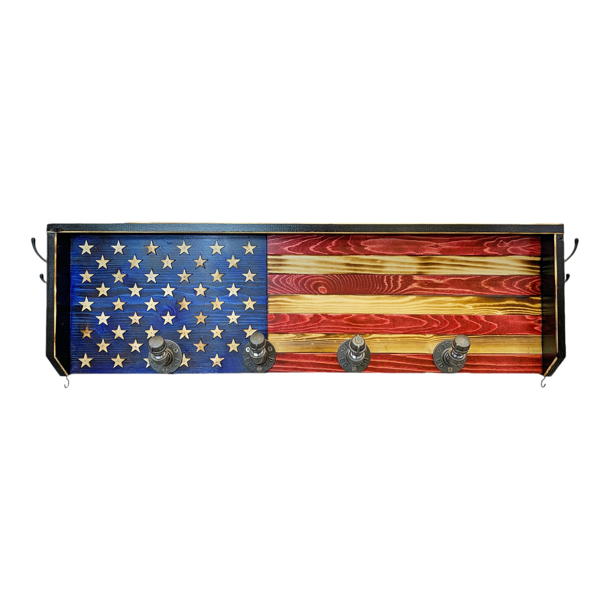 Breacher Rustics USA wooden flag coat rack with four metal pipe hooks. Features distressed red, white, and blue stripes and a field of stars. american flag wood gear rack wall mounted coat rack patriotic entryway organizer wooden usa made flag design