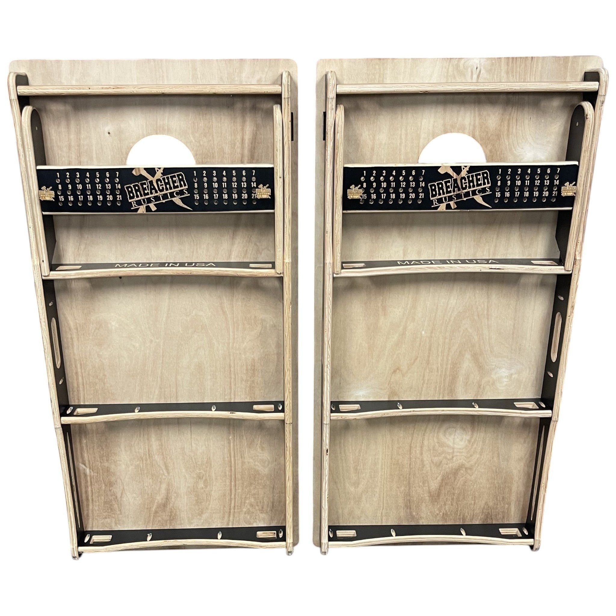 Breacher Rustics USMC Cornhole Set, natural wood finish, black scoreboards with white numbering, dual-sided scoreboards, made in USA. usmc tailgate cornhole set patriotic yard game outdoor bean bag toss boards for bbq parties and military events
