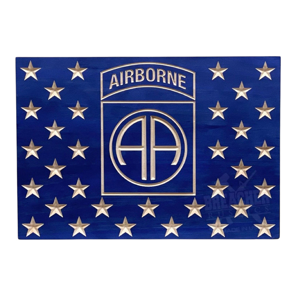 Breacher Rustics blue wooden concealment box with carved stars and Airborne 82nd Division logo custom logo. Features RFID lock and customizable Kaizen foam. custom logo concealment box airborne design wooden hidden storage RFID locking box personalized military unit engraving