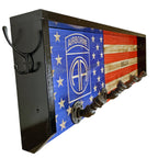 Breacher Rustics custom wooden American flag coat rack with Airborne logo and pipe hooks. Black frame, blue union, red and natural wood stripes. airborne coat rack custom logo wooden wall mounted hook rack military patriotic entryway organizer usa made