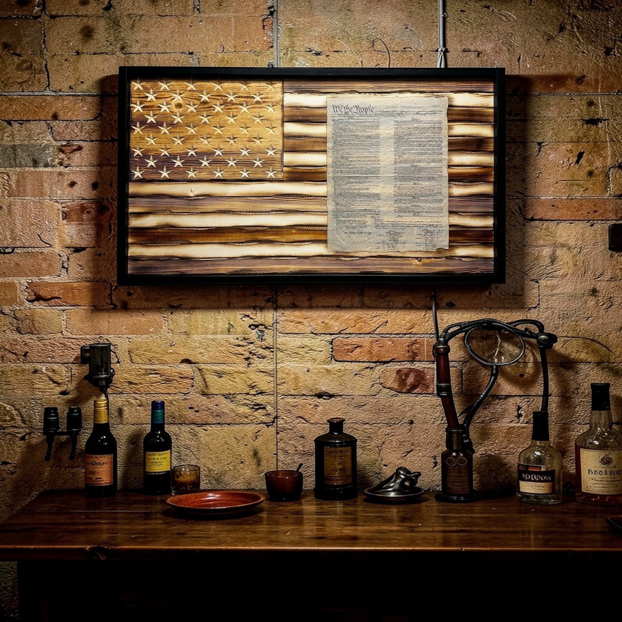 Breacher Rustics carved wood US Constitution flag with burned stars and embedded document, black frame. we the people constitution carved wood flag patriotic american history wall decor handmade rustic usa flag design declaration