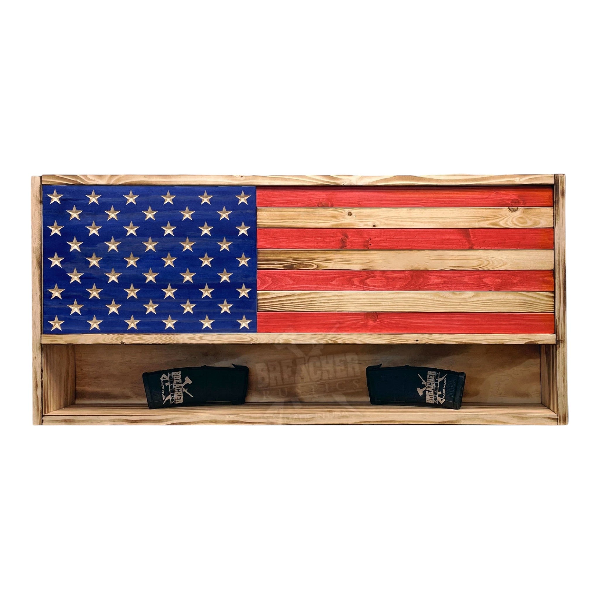 Breacher Rustics American Flag concealment cabinet with RFID lock and customizable foam lining. RFID gun concealment american flag wall cabinet hidden tactical storage box wooden secure firearm organizer patriotic decor