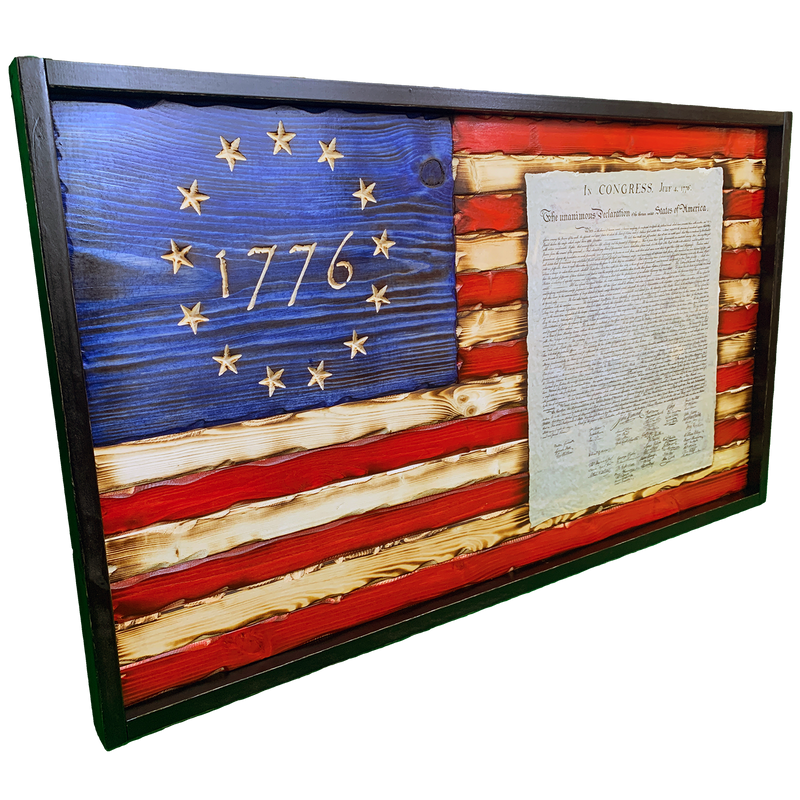 Battle Worn 1776 Declaration of Independence Carved Wood Flag