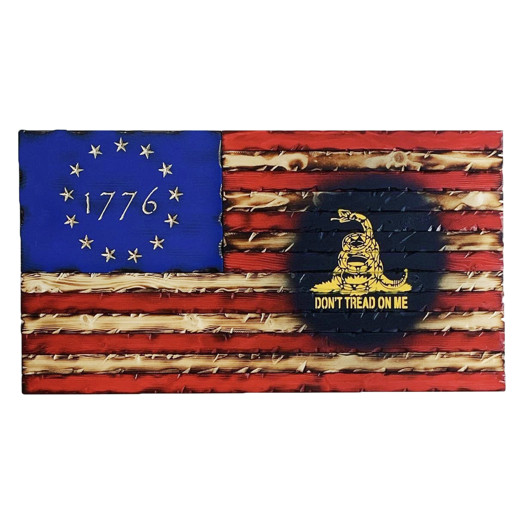 Battle Worn 1776 Don’t Tread On Me Carved Wood Flag