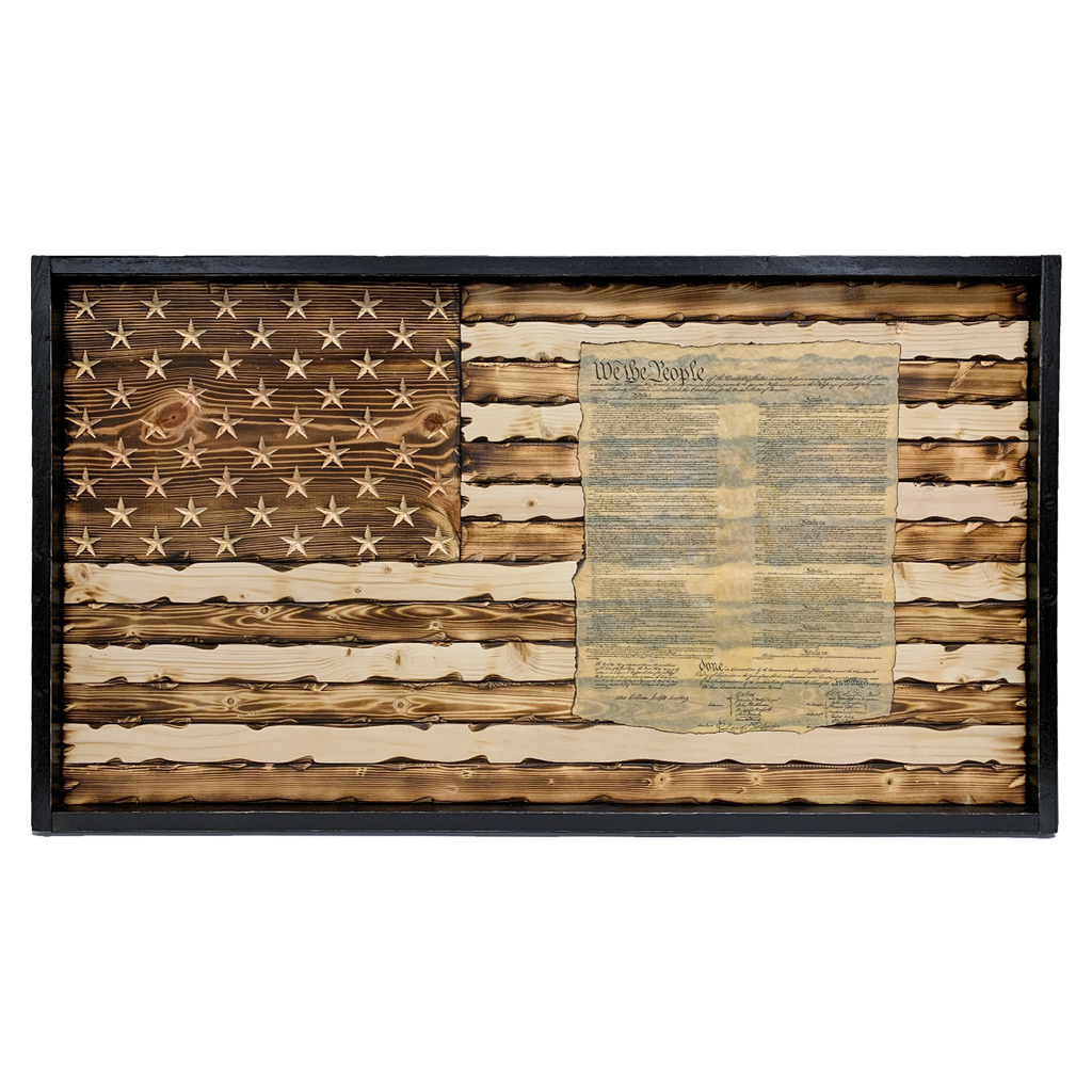 Battle Worn US Constitution Carved Wood Flag Burned and Natural