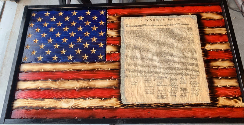 Battle Worn US Constitution Carved Wood Flag Burned and Natural